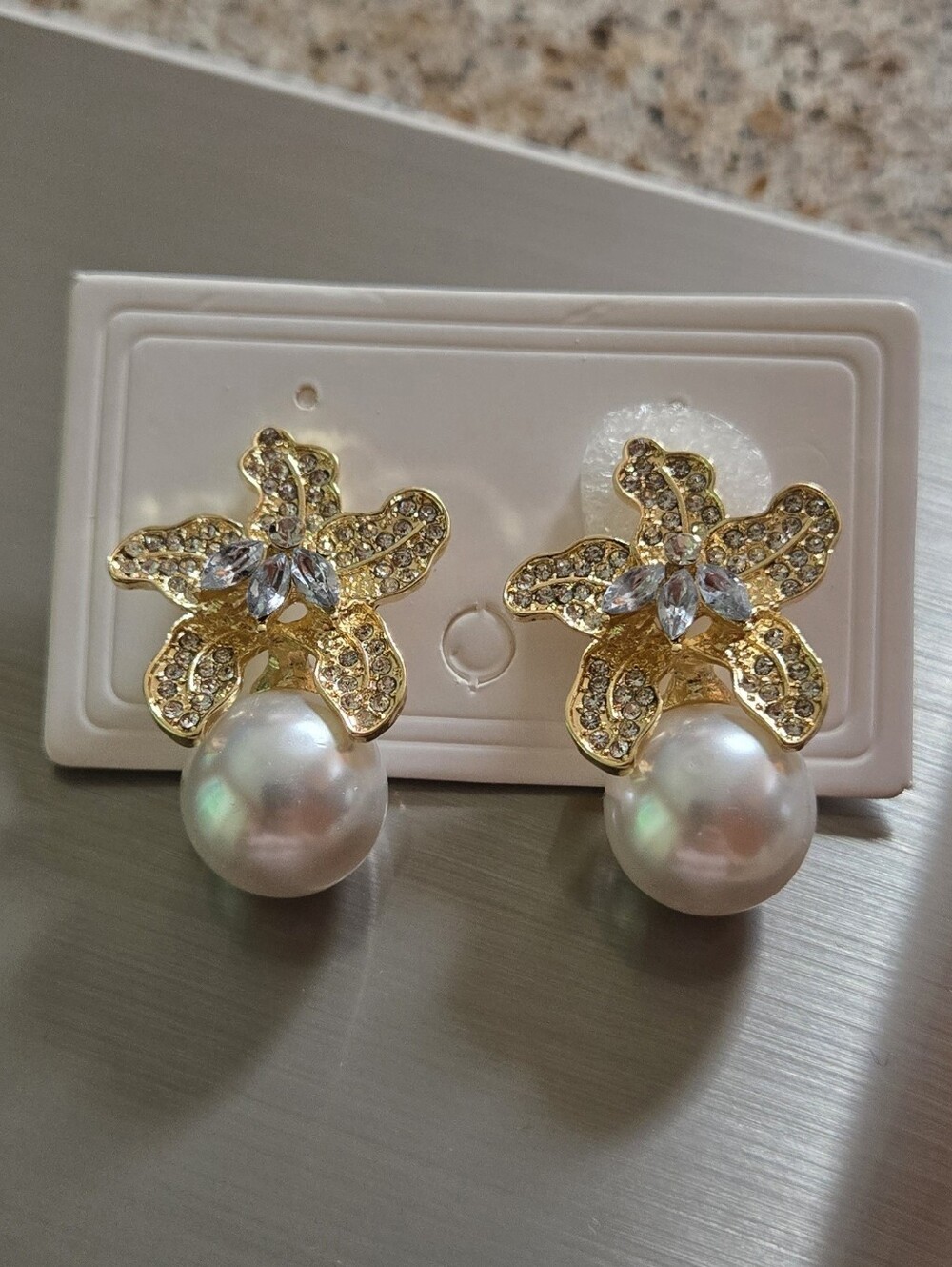Gold Flower Pearl Drop Earrings with Clear Crystals Like Rhinestone - Picture 3 of 16